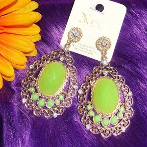 Boho Earrings Lime Green Rhinestone Bead Posts NWT